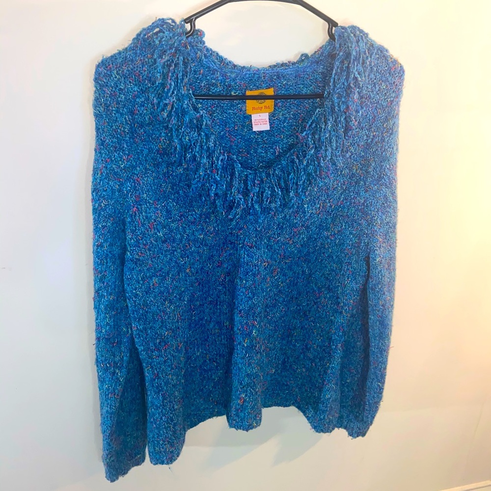 Ruby Rd. Blue Knit Confetti V Neck Sweater - Picture 2 of 4